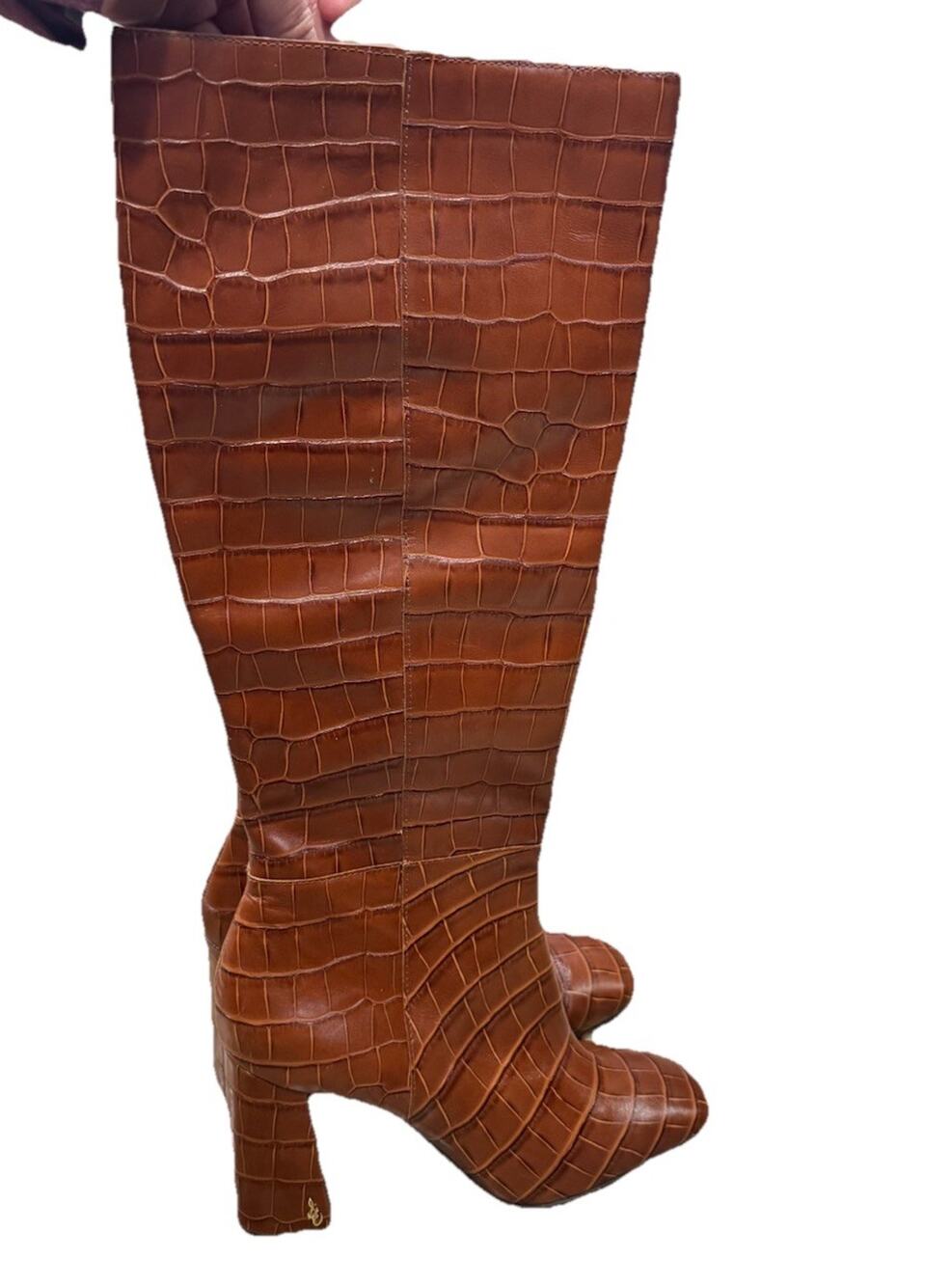 Sam Edelman Clarem Women's Tawny Brown Croc Embossed Knee High Boots Block Heel